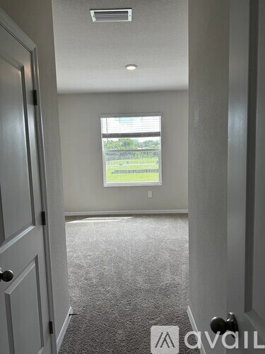 A hallway with a carpeted floor and a window with a view of a grassy area.