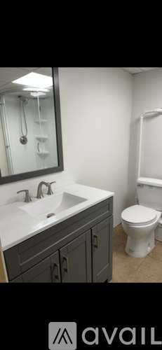 A bathroom with a white sink and a mirror above it.