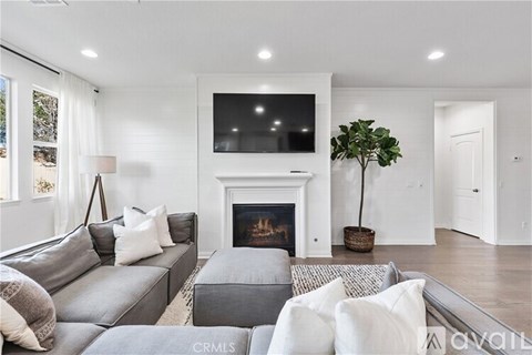 A living room with a grey couch and a fireplace.
