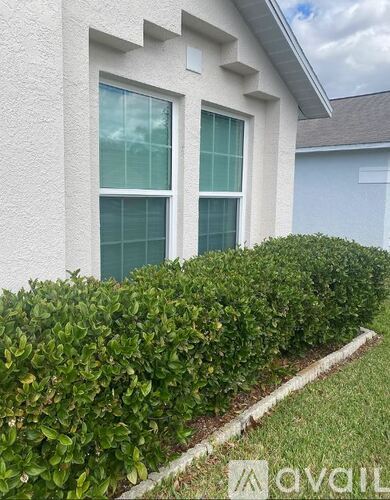 A house with a white exterior and a green bush in front.