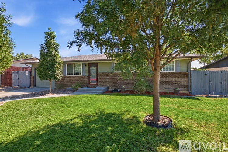 A tree in a yard in front of a house.