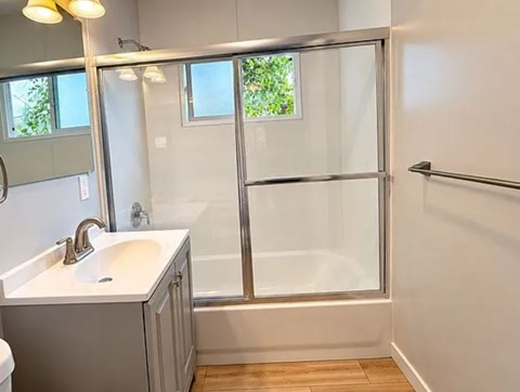 A white sink in a bathroom with a glass shower door.