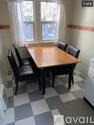 A room with a table and chairs in it.