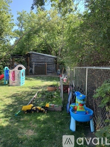 A backyard with a blue wagon and a play structure.