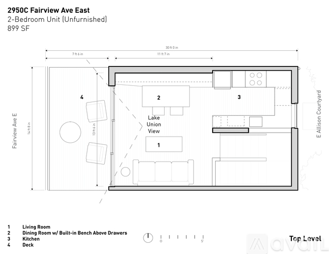 A floor plan of a 2-bedroom unfurnished unit at 2950C Fairview Ave East.