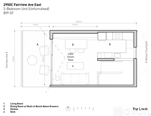 A floor plan of a 2-bedroom unfurnished unit at 2950C Fairview Ave East.