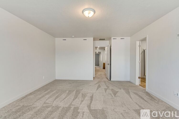 A spacious room with a carpeted floor and a single light fixture on the ceiling.