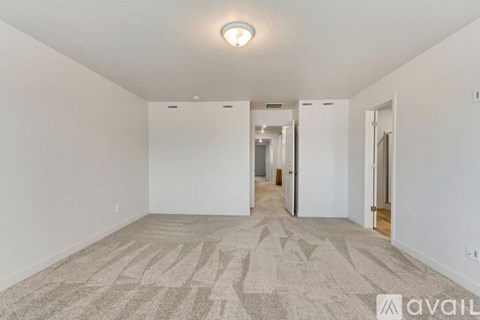 A spacious room with a carpeted floor and a single light fixture on the ceiling.