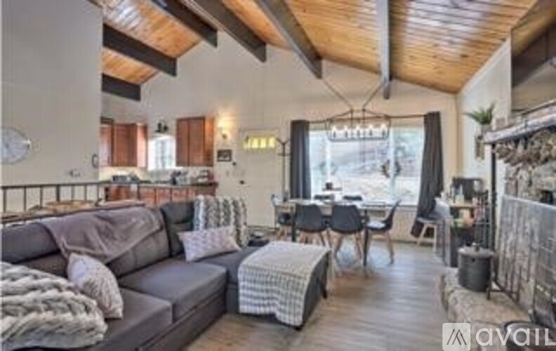 A living room with a grey couch and a wooden ceiling.