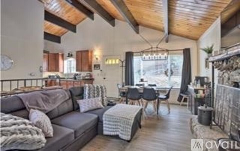 A living room with a grey couch and a wooden ceiling.