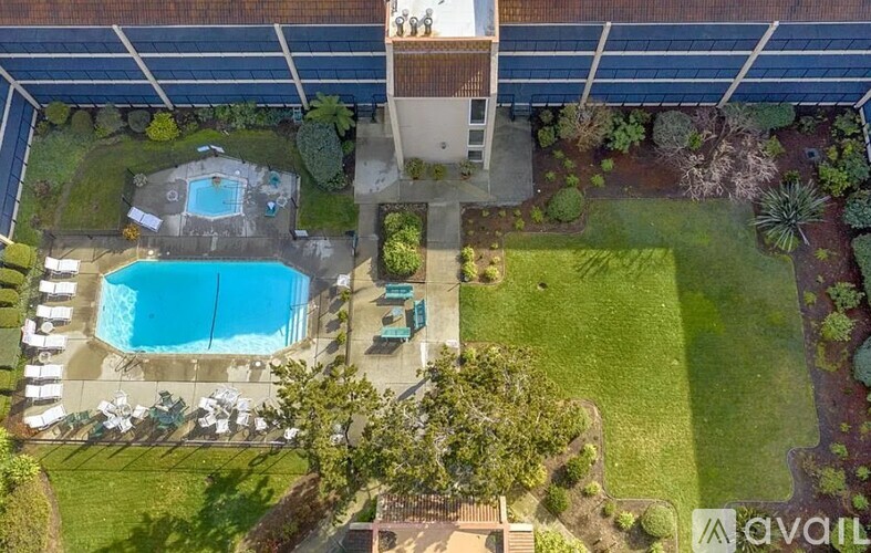 A large swimming pool surrounded by a grassy area and trees.