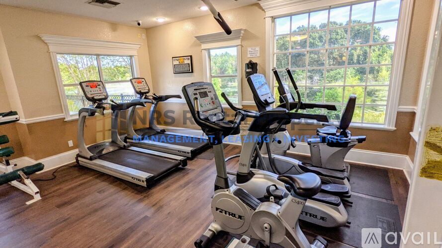 A home gym with treadmills and elliptical machines.