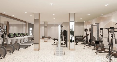 A gym with a variety of equipment including treadmills, weights, and exercise machines.