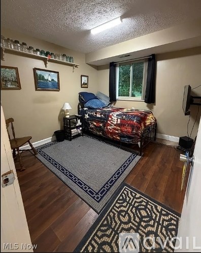 A bedroom with a bed, a chair, and a rug.