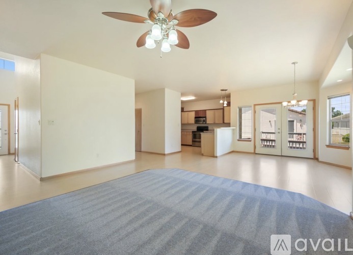 A spacious living room with a ceiling fan and a rug on the floor.