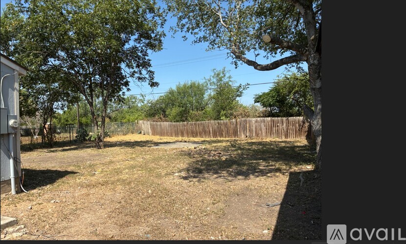 A backyard with a fence and trees.