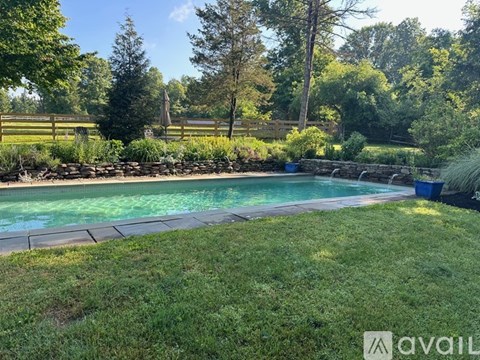 A pool surrounded by a stone wall and greenery.