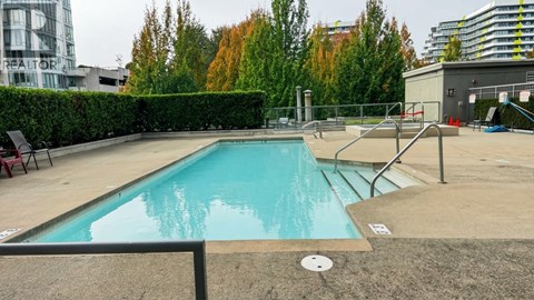 A small pool surrounded by a metal fence and a hedge.