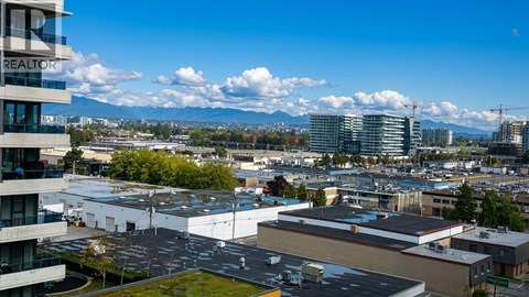 A cityscape with a clear blue sky and buildings of various sizes.