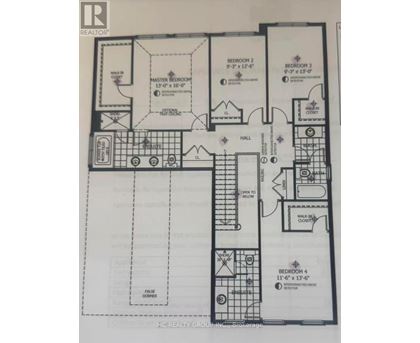A black and white floor plan of a house with four bedrooms and a hall.