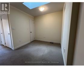 A room with a skylight and carpeted floor.