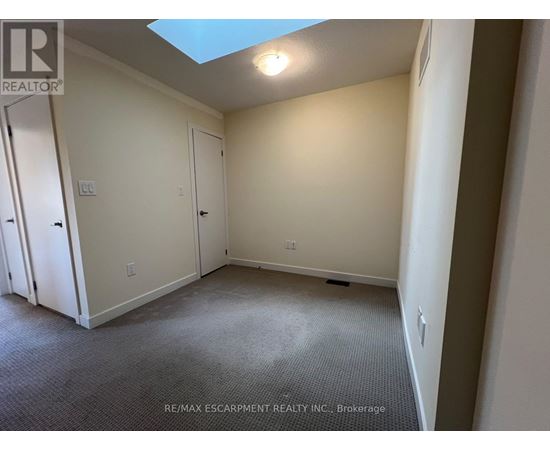 A room with a skylight and carpeted floor.