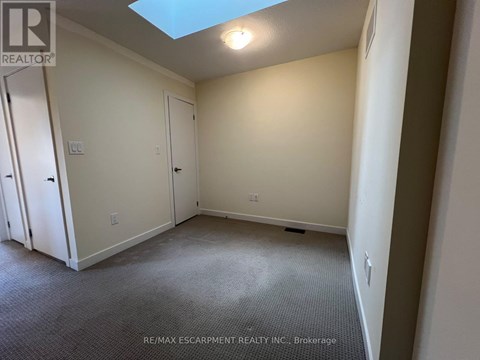 A room with a skylight and carpeted floor.