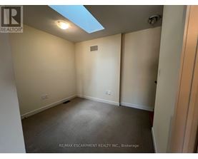 A room with a skylight and carpeted floor.