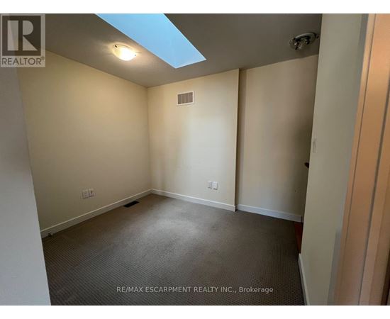 A room with a skylight and carpeted floor.
