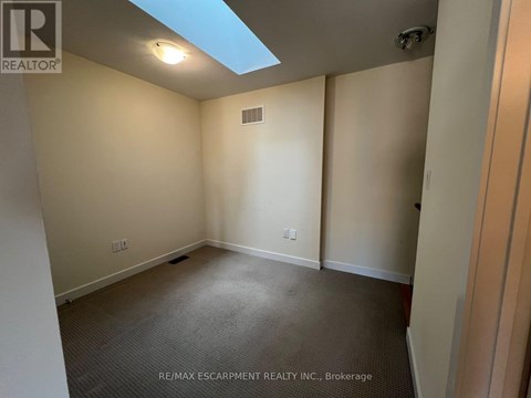 A room with a skylight and carpeted floor.