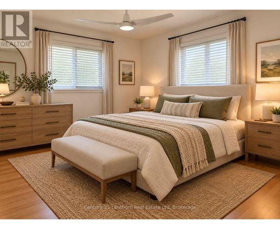 A bedroom with a bed, nightstand, and a window with blinds.