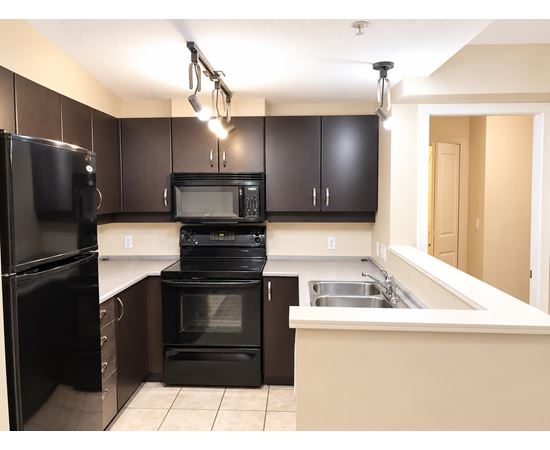 A kitchen with black appliances and brown cabinets.