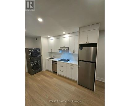 A kitchen with a washing machine and a refrigerator.