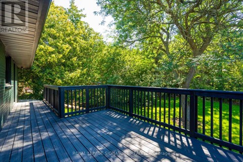 A wooden deck with a railing and trees in the background.