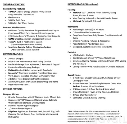 A page from a document detailing the interior and exterior features of a home.