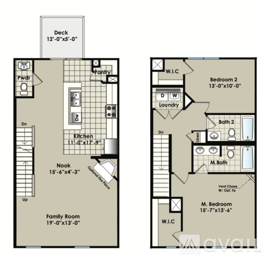A floor plan of a two-bedroom apartment with a deck and a nook.