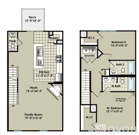 A floor plan of a two-bedroom apartment with a deck and a nook.