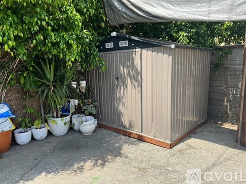 A grey container is in the middle of a gravel area with a white bucket and a green plant.