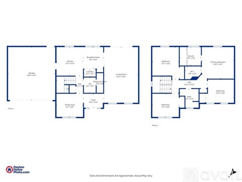 A floor plan of a house with two bedrooms and two bathrooms.
