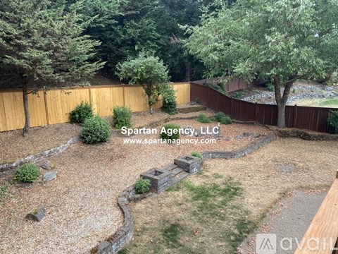 A backyard with a wooden fence and a gravel path.