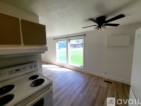 A kitchen with a stove and a fan on the ceiling.
