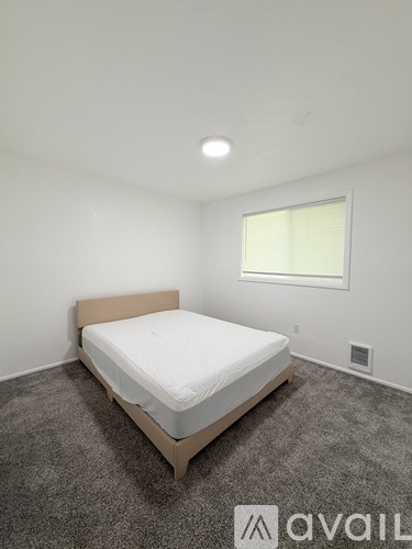 A bedroom with a bed, carpet, and a window.