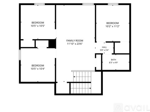 A black and white image of a floor plan for a house with four bedrooms, a family room, a hall, and a bath.