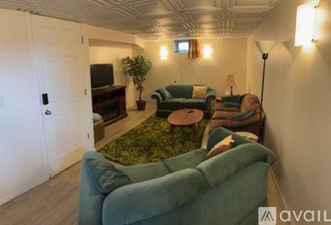 A living room with a green couch and a television.