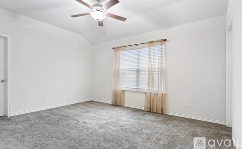 A room with a ceiling fan and carpeted floor.