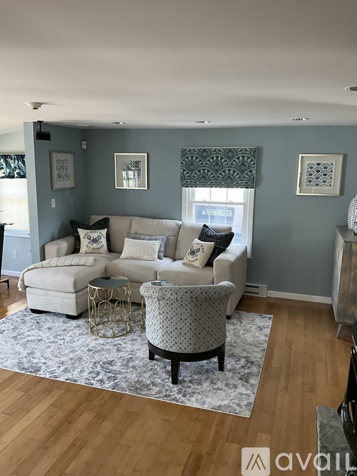 A living room with a grey sofa and a patterned rug.