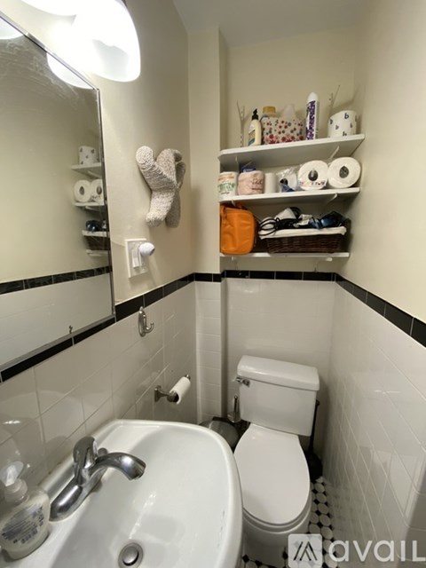 A bathroom with a toilet, sink, and shelves.