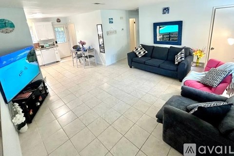A living room with a black couch and a television.