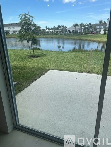 A view from a window looking out to a pond and a tree.
