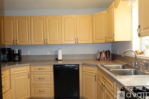 A kitchen with wooden cabinets and a black dishwasher.